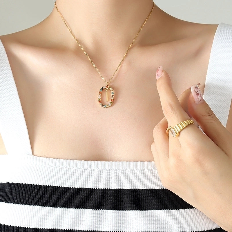 INS Style Letter Oval Titanium Steel Zircon 18K Gold Plated Inlay Necklace