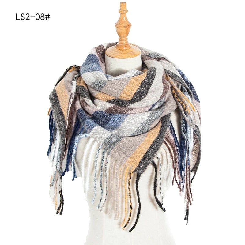 New Circle Yarn Stripe Plaid Polyester Long Tassel Bristle Square Scarf Female Men's Scarf Shawl