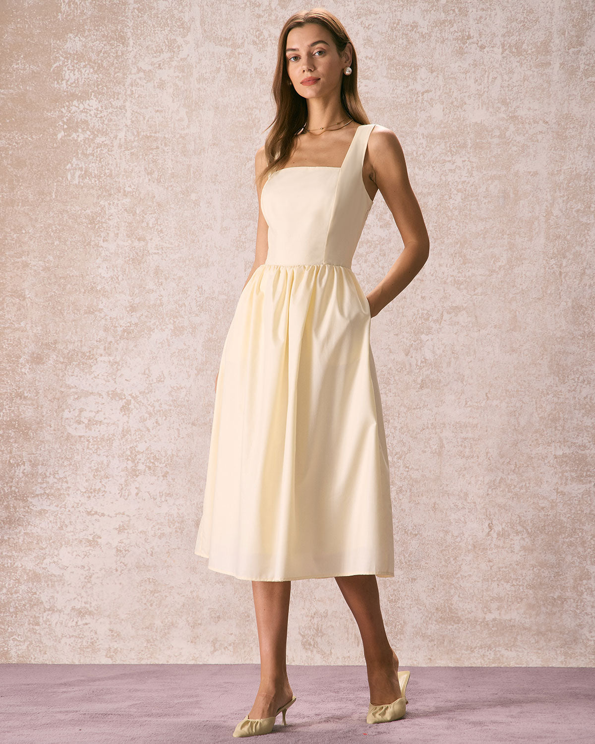 The Light Yellow Pleated Cross Back Midi Dress