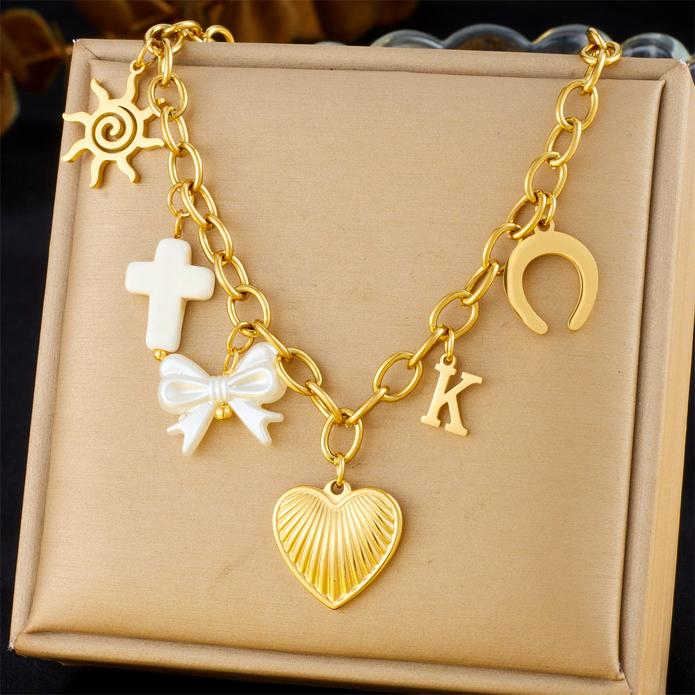 Fashion Retro Multi-Element Love Bowknot Shell Cherry Cross Eye Chain Necklace