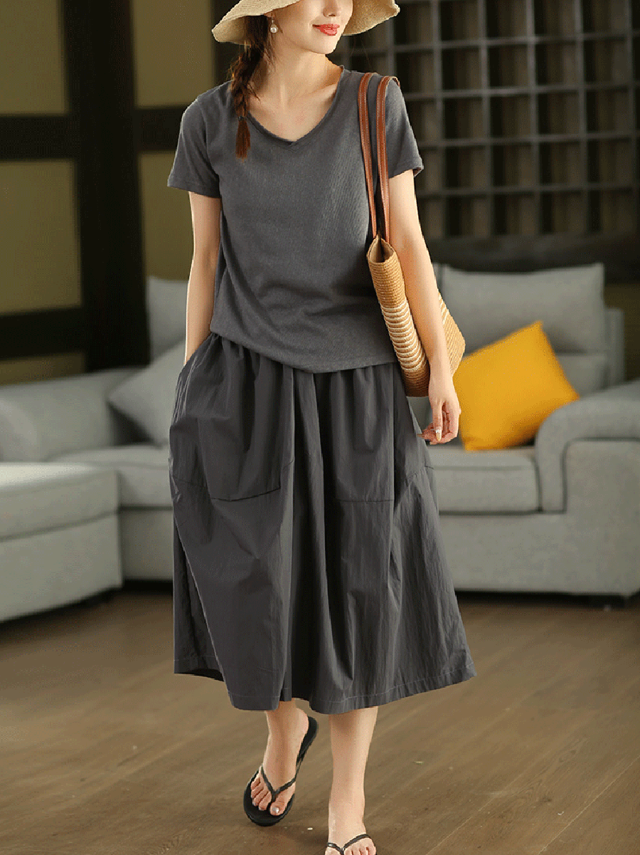 Women Summer Pure Color Cotton Wide-leg Cropped Pants