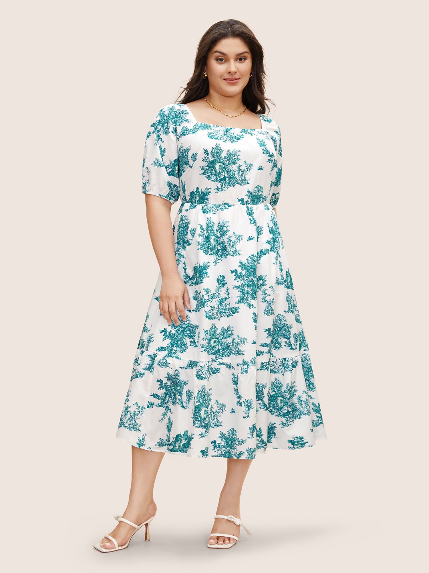 Square Neck Floral Gathered Midi Dress