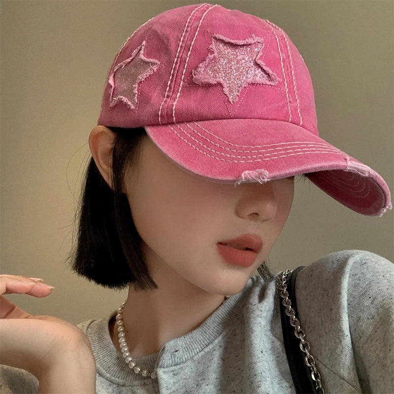 Vintage Ripped Baseball Cap Women's Spring And Summer Korean Style Big Head Face Showing Small Cap Pink Wide Brim Hat Trendy