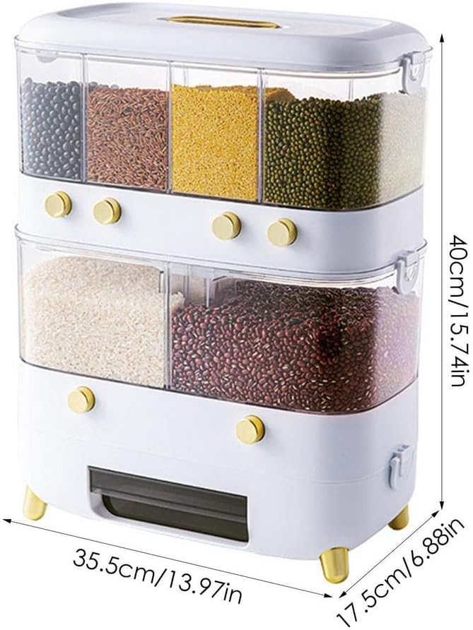 Rice Grain Storage Container. Multi-Division Grid Widely Used Rice Storage Box Dispenser (6 Grids White)