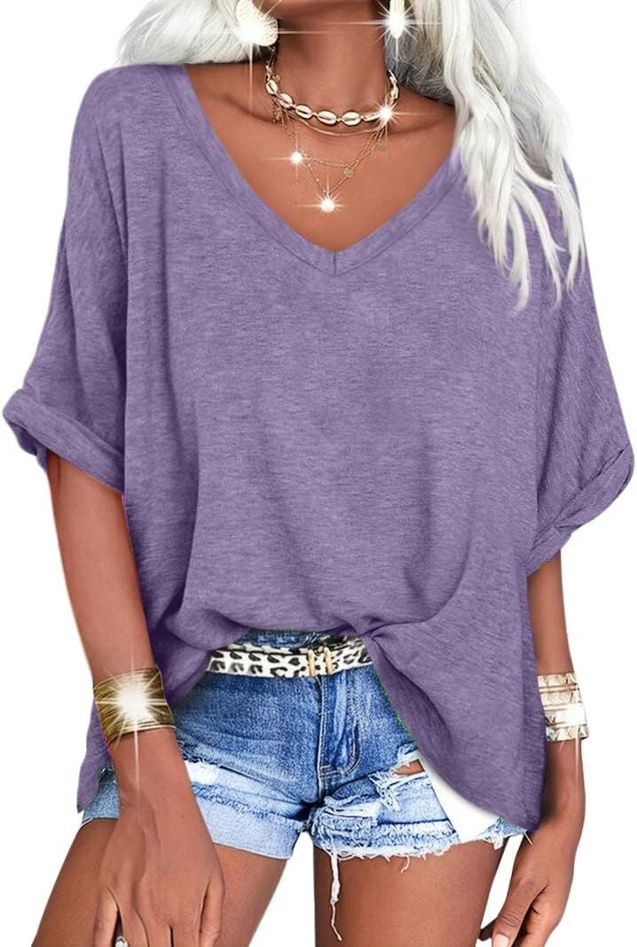 🔥PROMOTION LAST DAY🔥Women's Summer Tops Oversized Tshirts Half Sleeve Loose Fit V Neck Casual Blouse Tee