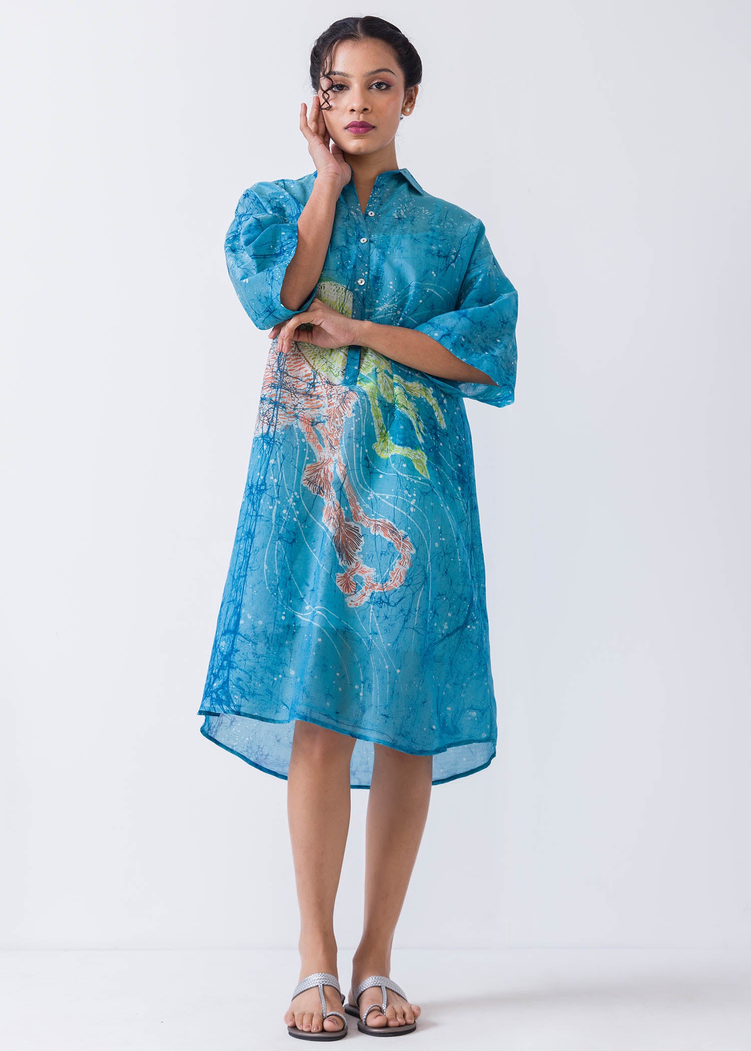 Jelly Fish Hand Painted Batik Short Placket Shirt dress