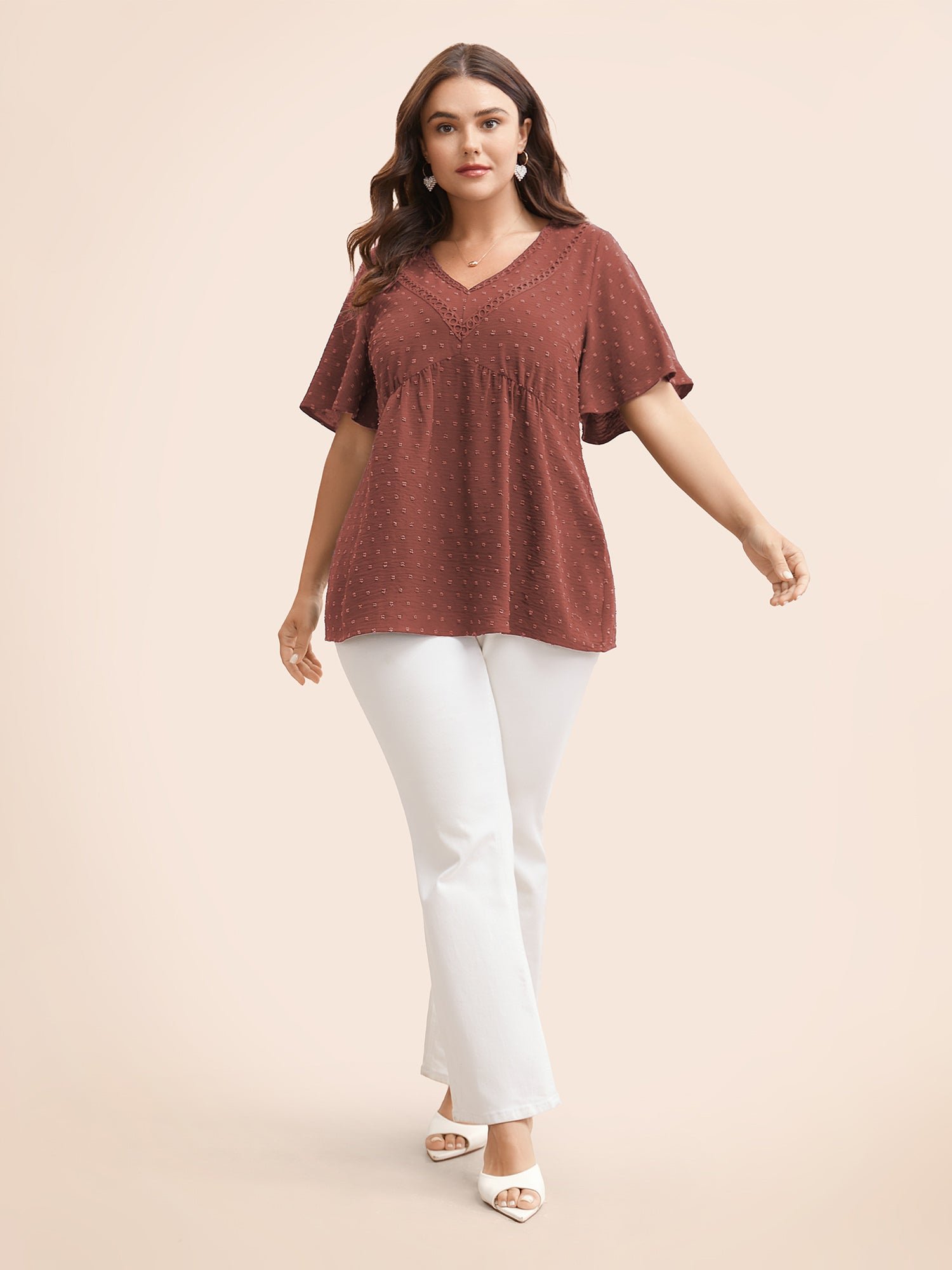 Polka Dot Frill Trim V Neck Flutter Blouse