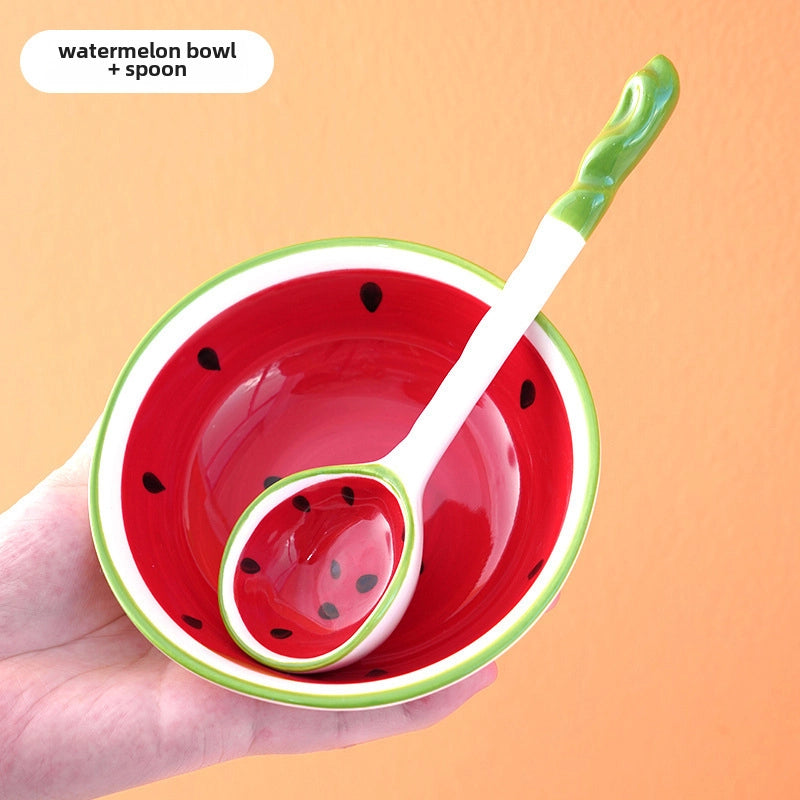 Strawberry Watermelon Cute Ceramic Bowl Long Handle Spoon Tableware Children's Cartoon Rice Bowl Soup Bowl Internet Celebrity Tableware