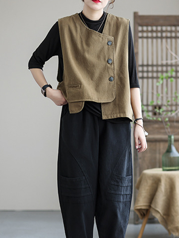 Vintage Asymmetric Solid Color Buttoned Vest Top