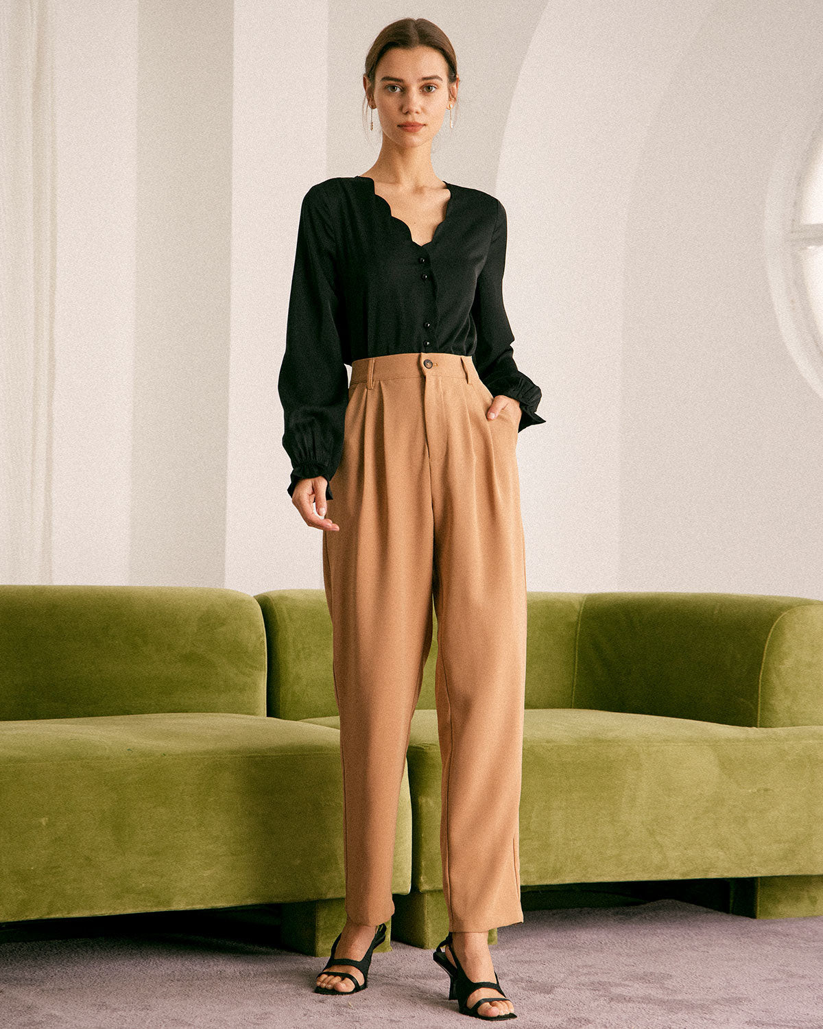 The Khaki High Waisted Pleated Tapered Pants