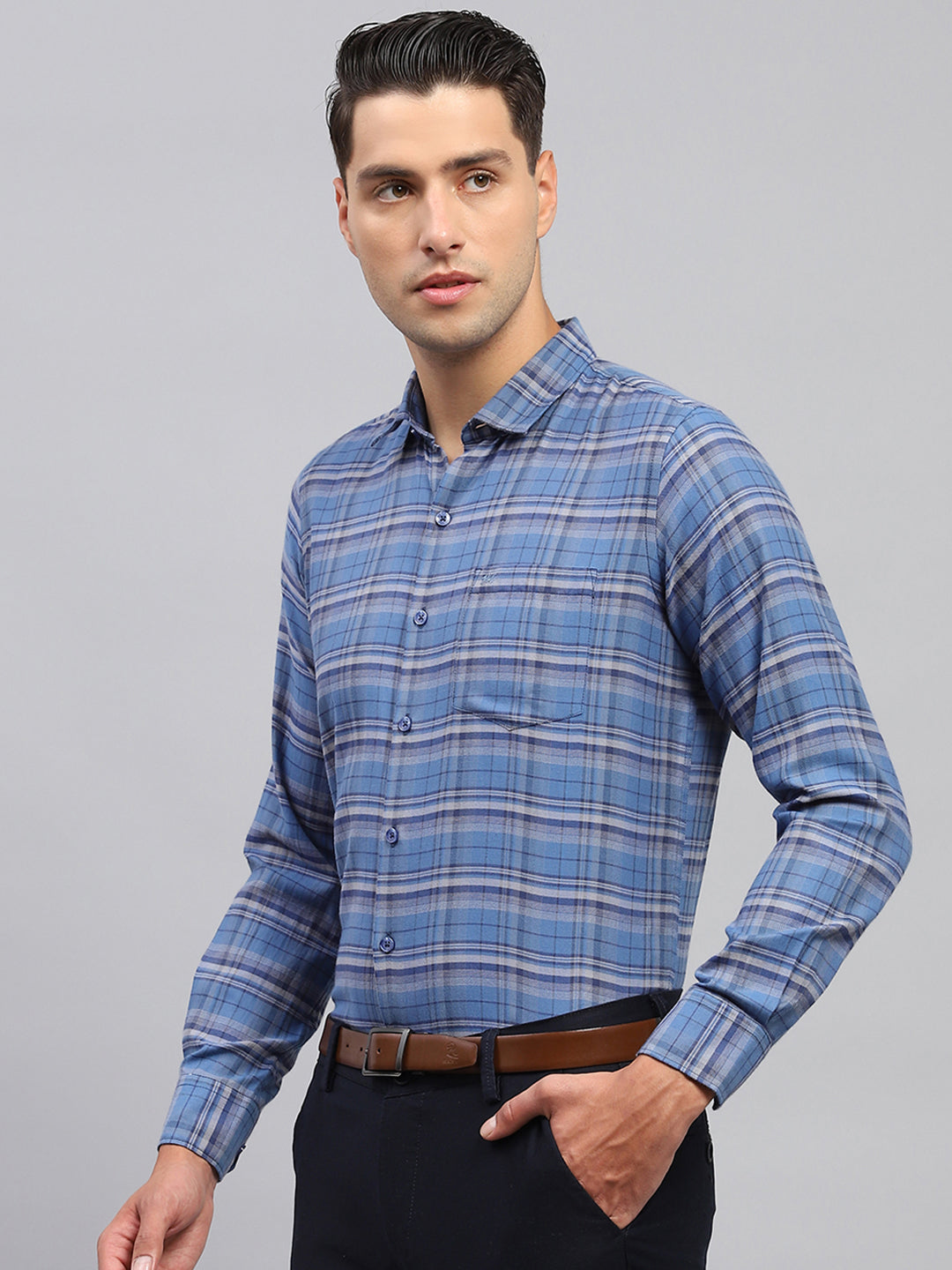 Men Blue Check Spread Collar Full Sleeve Shirt