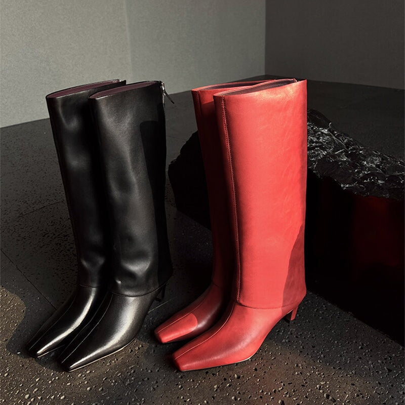 Genuine Leather Square Toe Kitten Heel Knee High Boots For Women In Black/Red