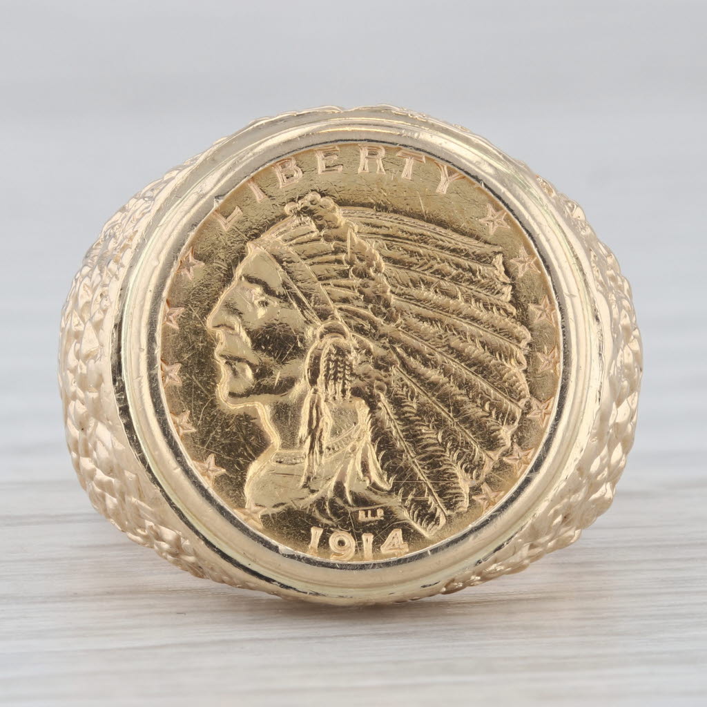 Authentic 1914 Indian Head $2.50 Gold Coin Ring 14k 900 Yellow Gold Size 10.75