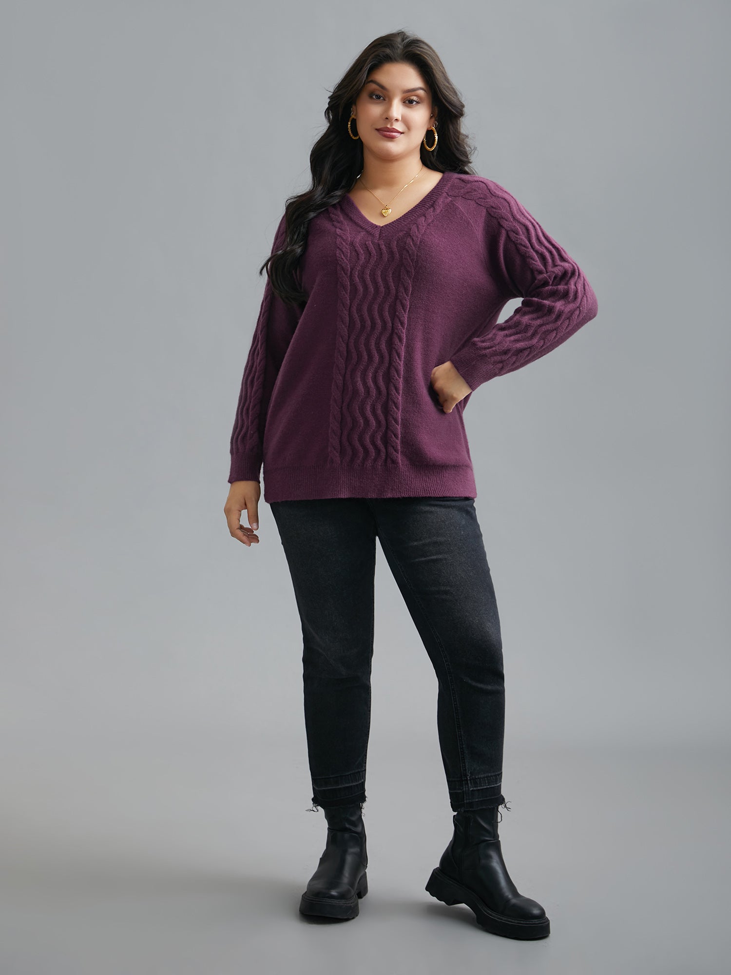 Plain V Neck Cable Knit Pullover