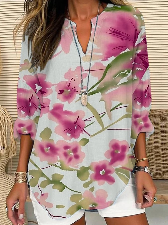 Women's Art Floral Print Casual Long Sleeve V-Neck Shirt