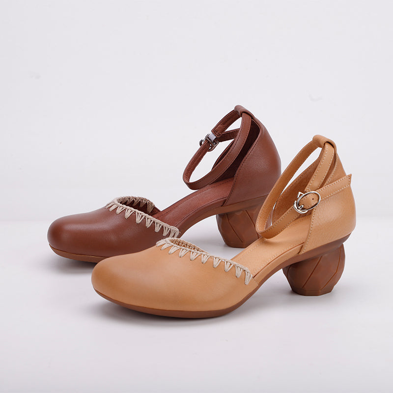 Handmade Woven Leather Sandals Closed Toe 58mm Cylinder Heel Shoes with Ankle Strap in Yellow Brown/Coffee