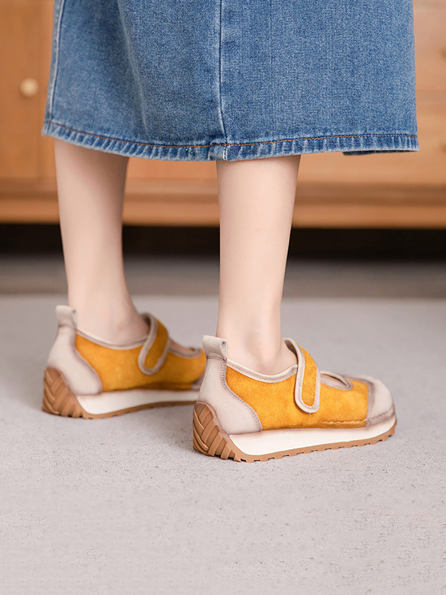 Women Summer Vintage Colorblock Leather Low Heel Shoes