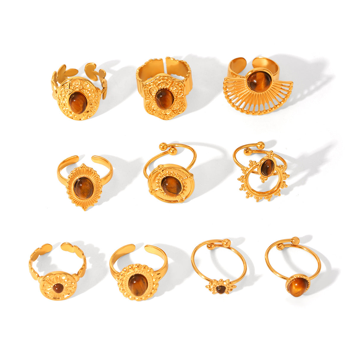 French Retro Stainless Steel Inlaid Natural Tiger Eye Stone Ring Female All-Match Geometric Titanium Steel Ring