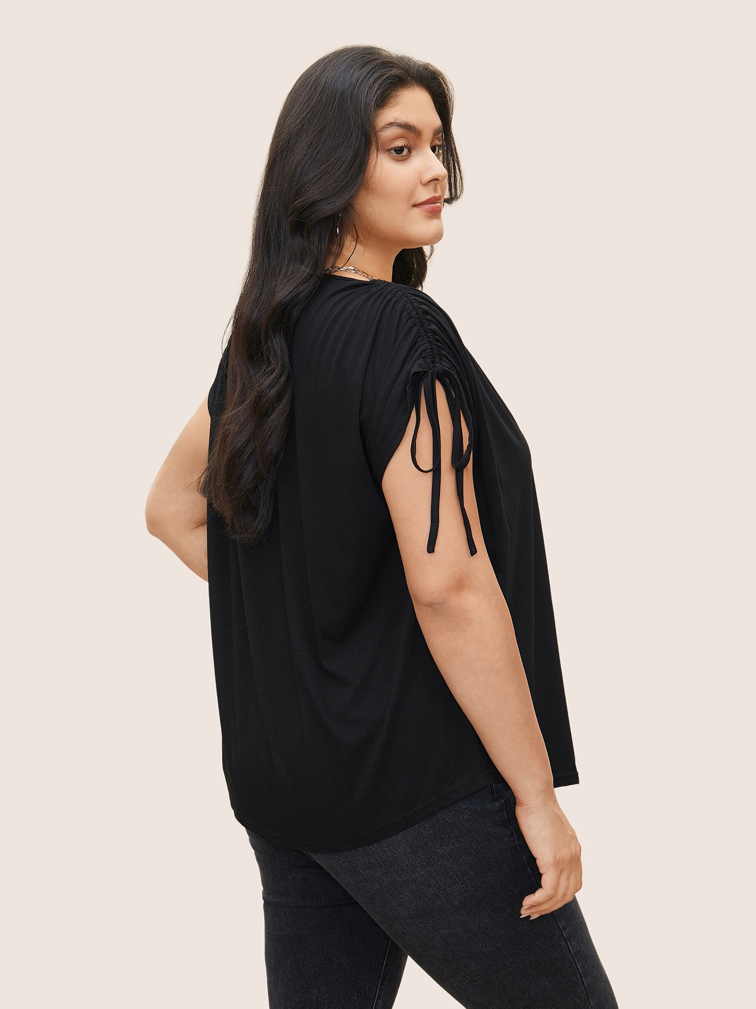 Solid Drawstring Dolman Sleeve T-shirt