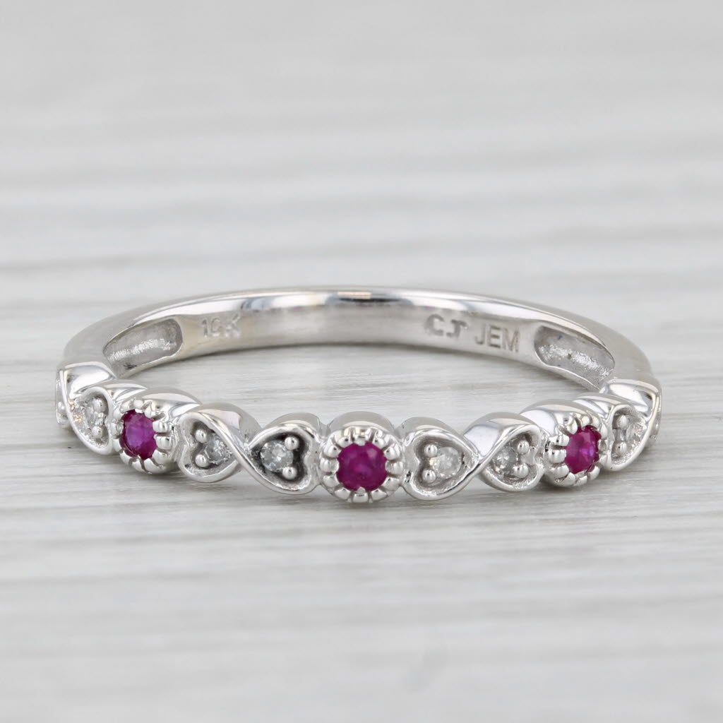 0.10ctw Ruby Diamond Stackable Hearts Ring 10k White Gold Size 7.25 Wedding Band