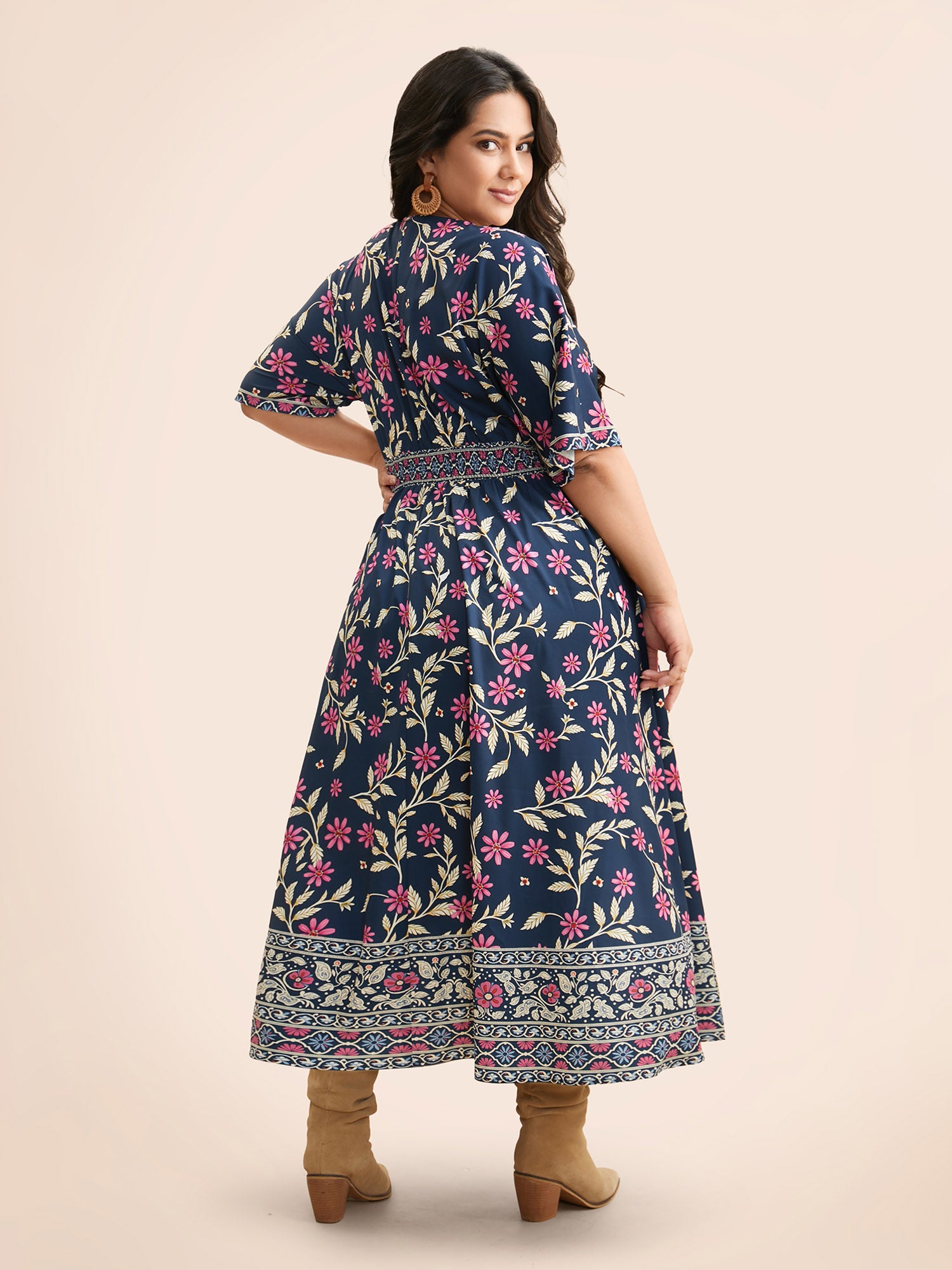 Boho Print Overlap Collar Shirred Dress