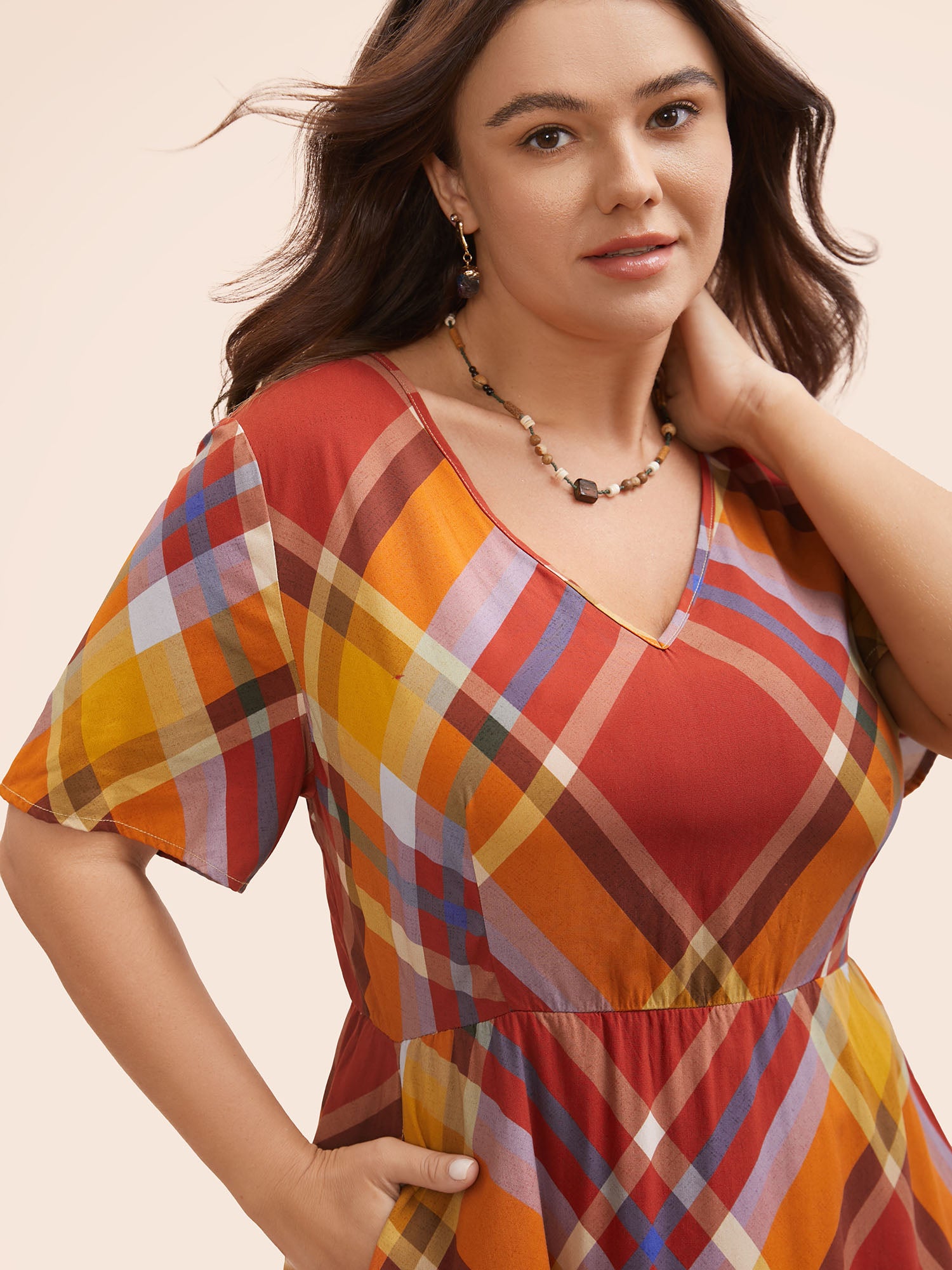 V Neck Plaid Ruffle Sleeve Dress