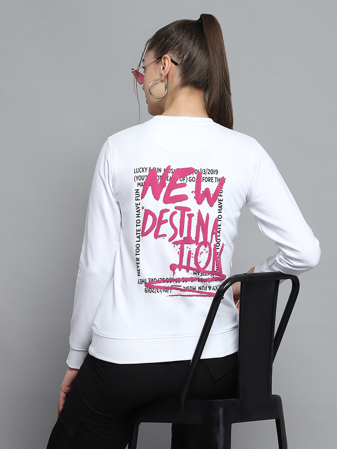 Women White Printed Round Neck Full Sleeve Sweatshirt