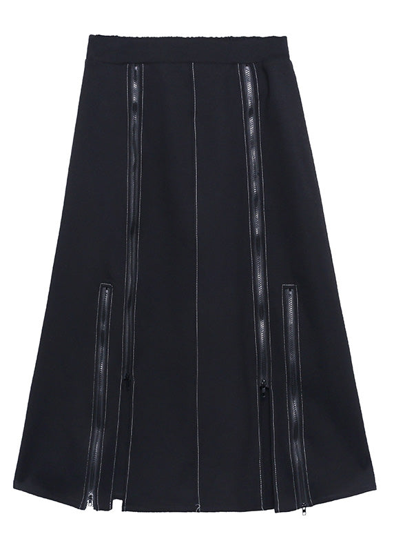 Women Black Elastic Waist Zippered A Line Skirt Spring