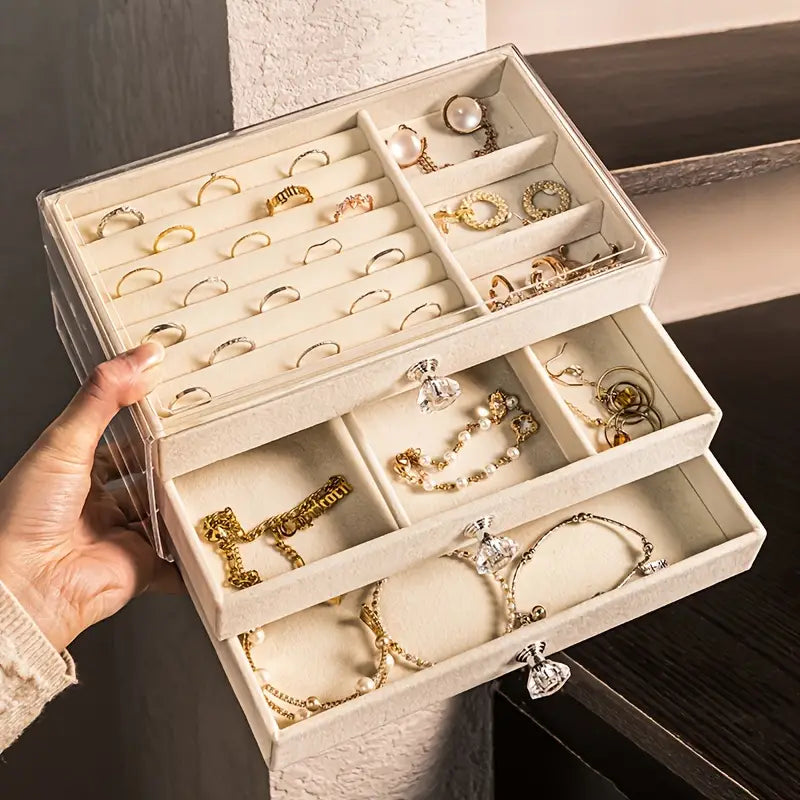 Three-Layer Velvet Acrylic Jewelry Organizer Box