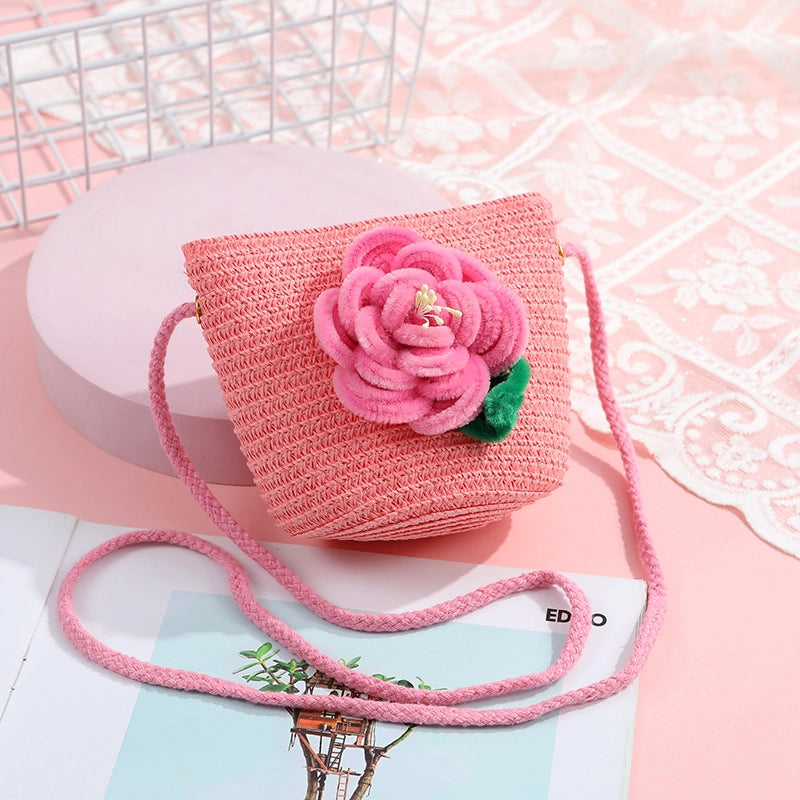 Women's Small Straw Solid Color Flower Vacation Beach Weave Round Zipper Straw Bag
