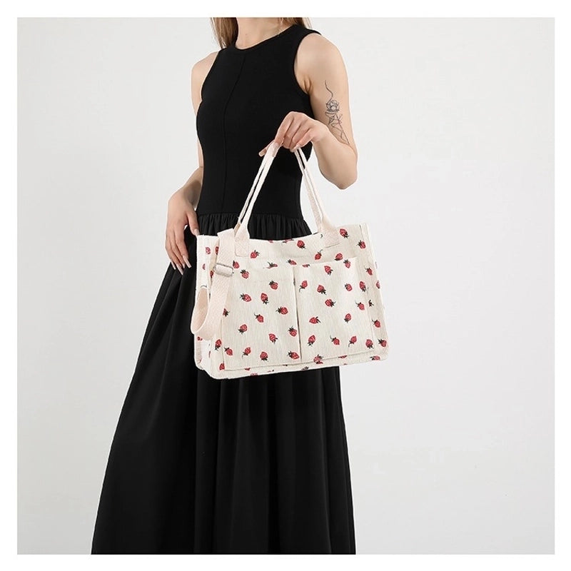 Women's Large Corduroy Solid Color Strawberry Basic Classic Style Square Zipper Tote Bag