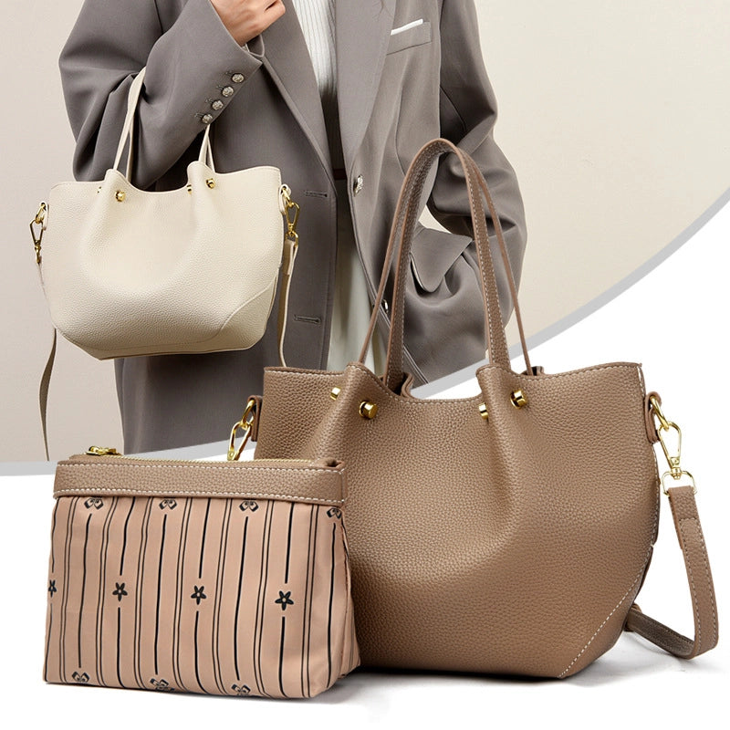 Women's Pu Leather Solid Color Basic Sewing Thread Bucket Zipper Shoulder Bag Handbag Crossbody Bag