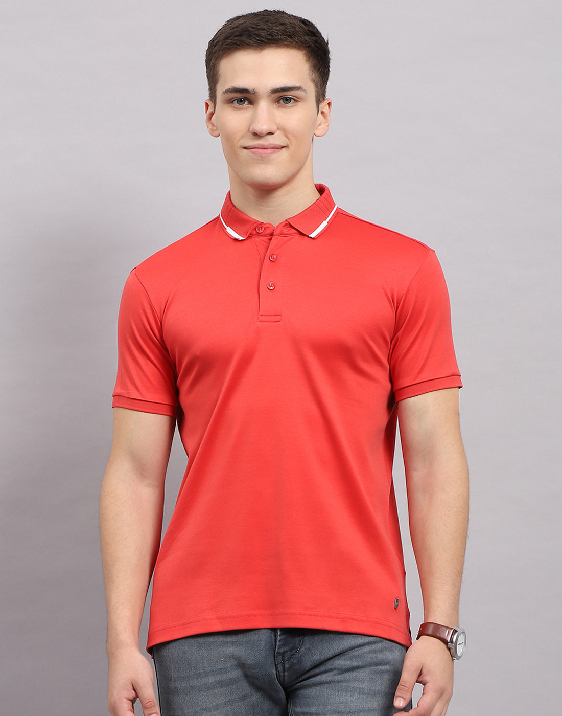 Men Coral Solid Polo Collar Half Sleeve T-Shirt