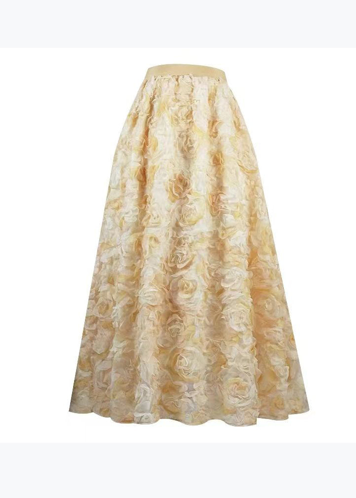 Art Yellow Gradient Floral Decorated Tulle Skirts Spring