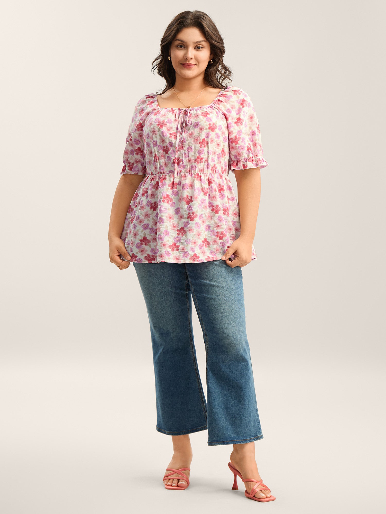 Floral Print Square Neck Tie Blouse