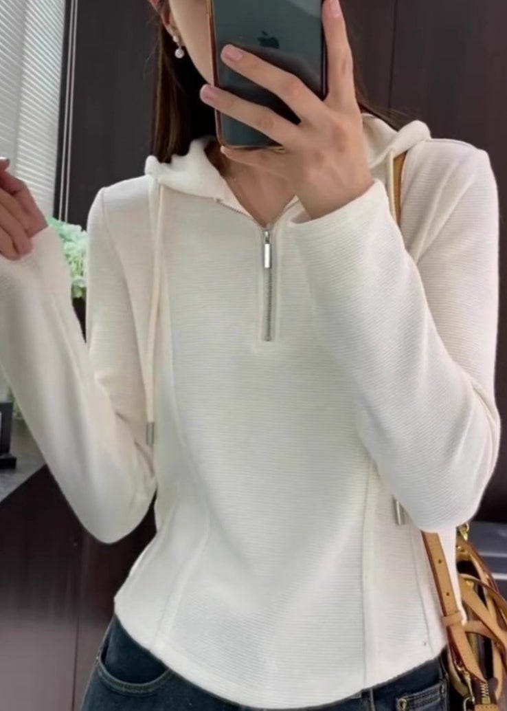 Women Grey Hooded Zippered Cotton T Shirt Spring
