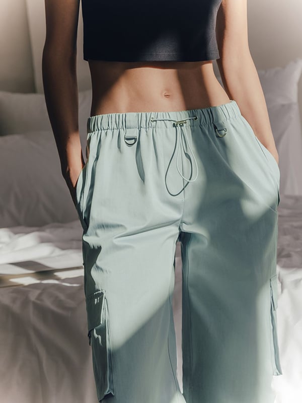 High Waisted Loose Drawstring Elasticity Pockets Split-Joint Pants Trousers