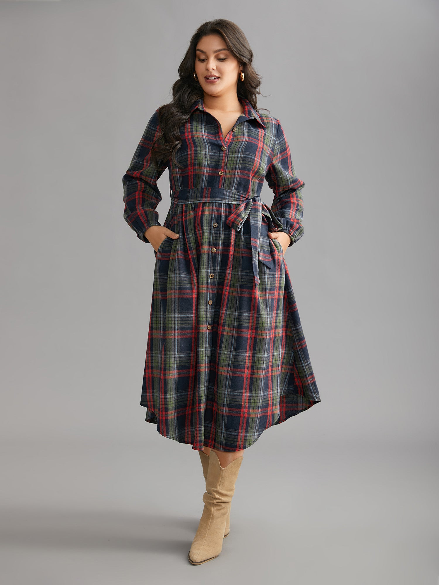 Plaid Button Detail Pocket Belted Arc Hem Dress