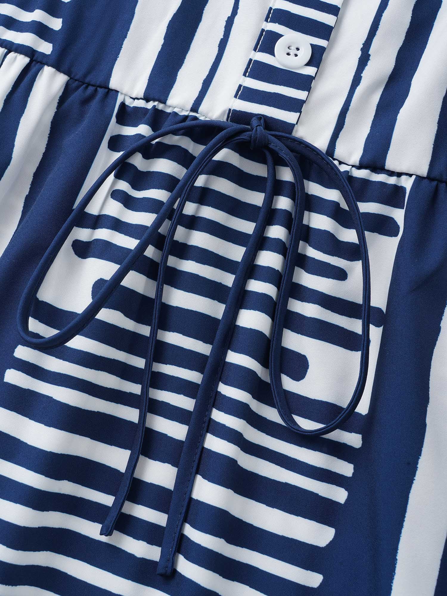 Notched Collar Striped Patchwork Drawstring Dress