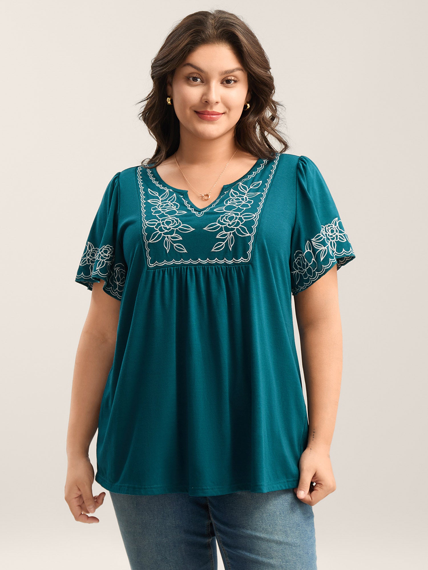 Floral Embroidery Split Neck Flowy Top
