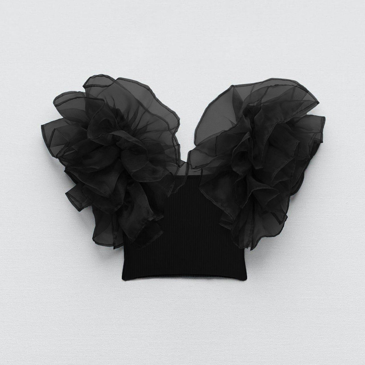 Exaggerated Ruffle Ribbed Top & Mesh Overlay Skirt