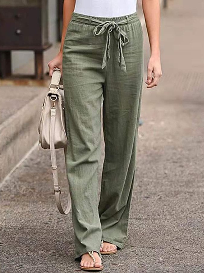 Women's Elastic Waist Solid Color Cotton Linen Loose Trousers