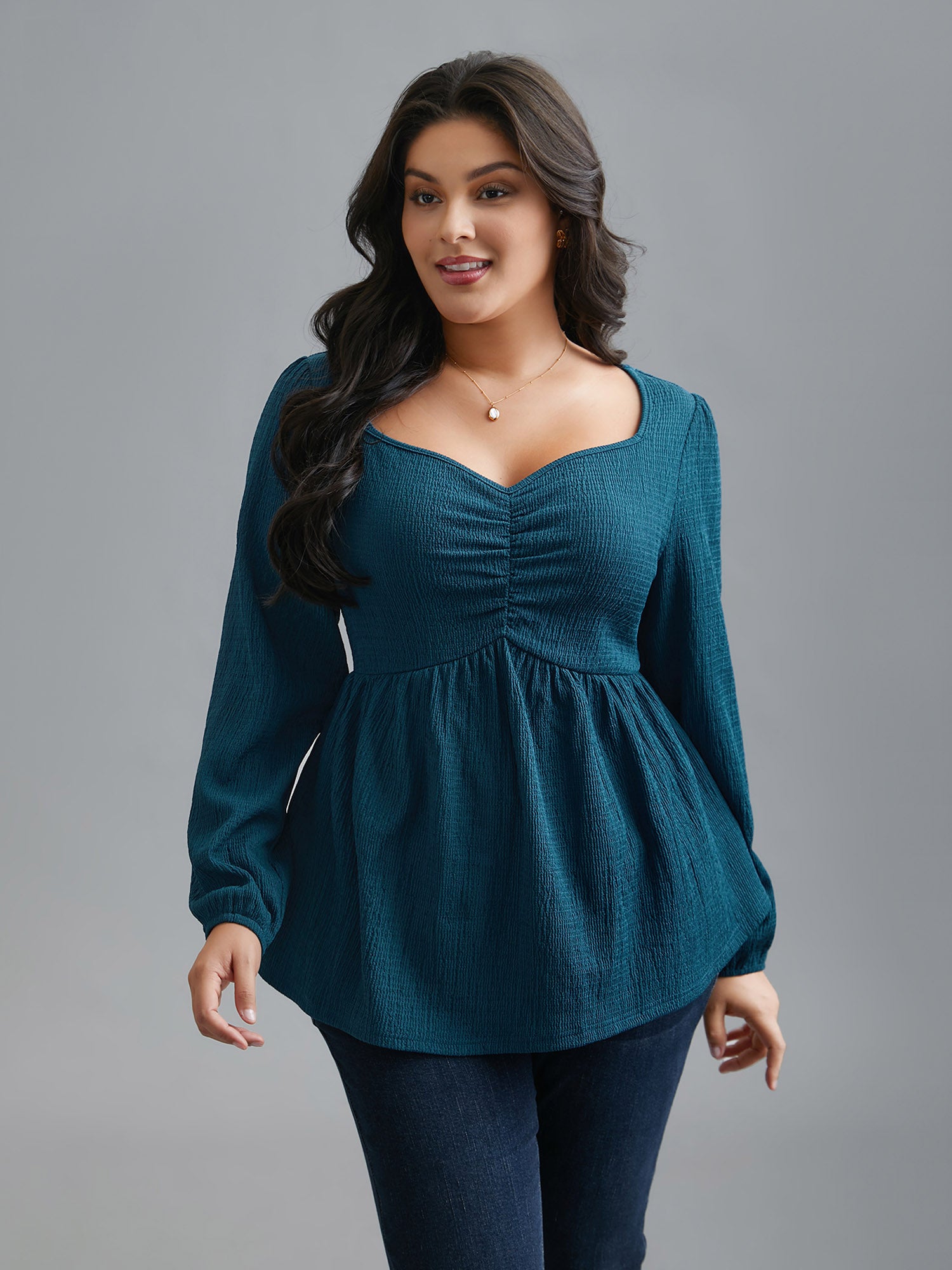 Heart Neckline Solid Gathered Blouse