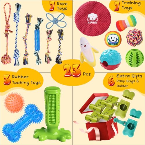 KIPRITII Dog Chew Toys for Puppy - 23 Pack Puppies Teething Chew Toys for Boredom. Pet Dog Toothbrush Chew Toys with Rope Toys. Treat Balls and Dog Squeaky Toy for Puppy and Small Dogs