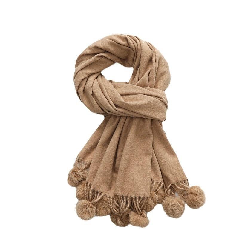 Cashmere Wool Scarf Women's Autumn And Winter High-grade Solid Color Ball Scarf Shawl Fur Ball Imitation Cashmere Scarf