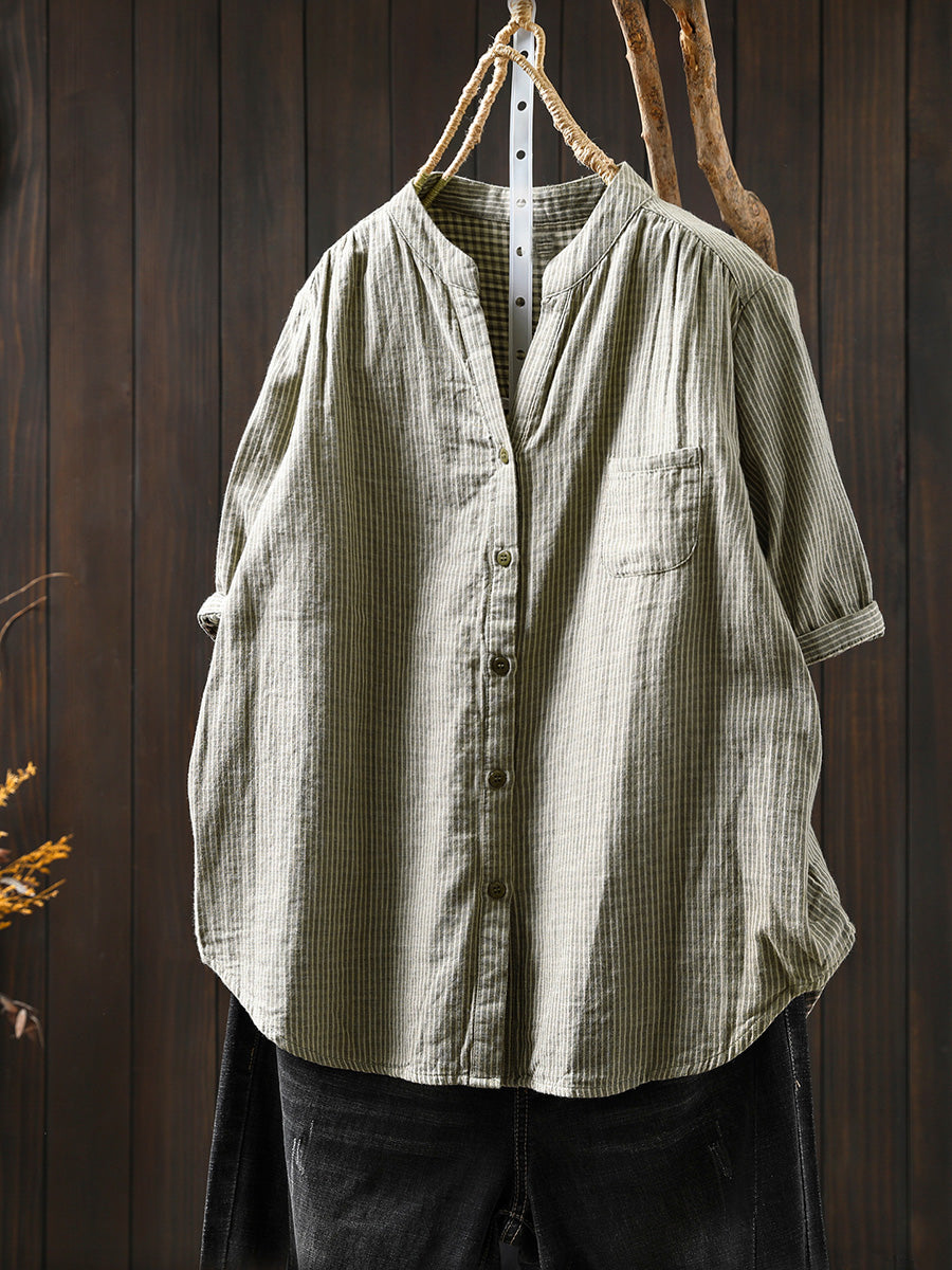 Women Summer Casual Stripe V-Neck 100%Cotton Shirt