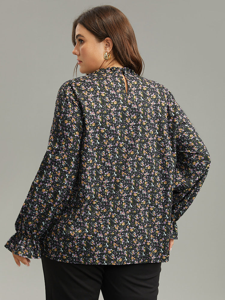Ditsy Floral Stand Collar Pleated Blouse