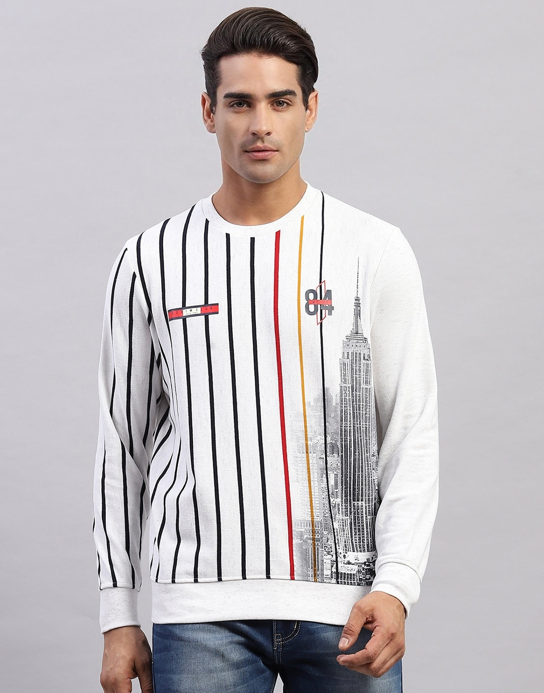 Men White Stripe Round Neck Full Sleeve Sweatshirt