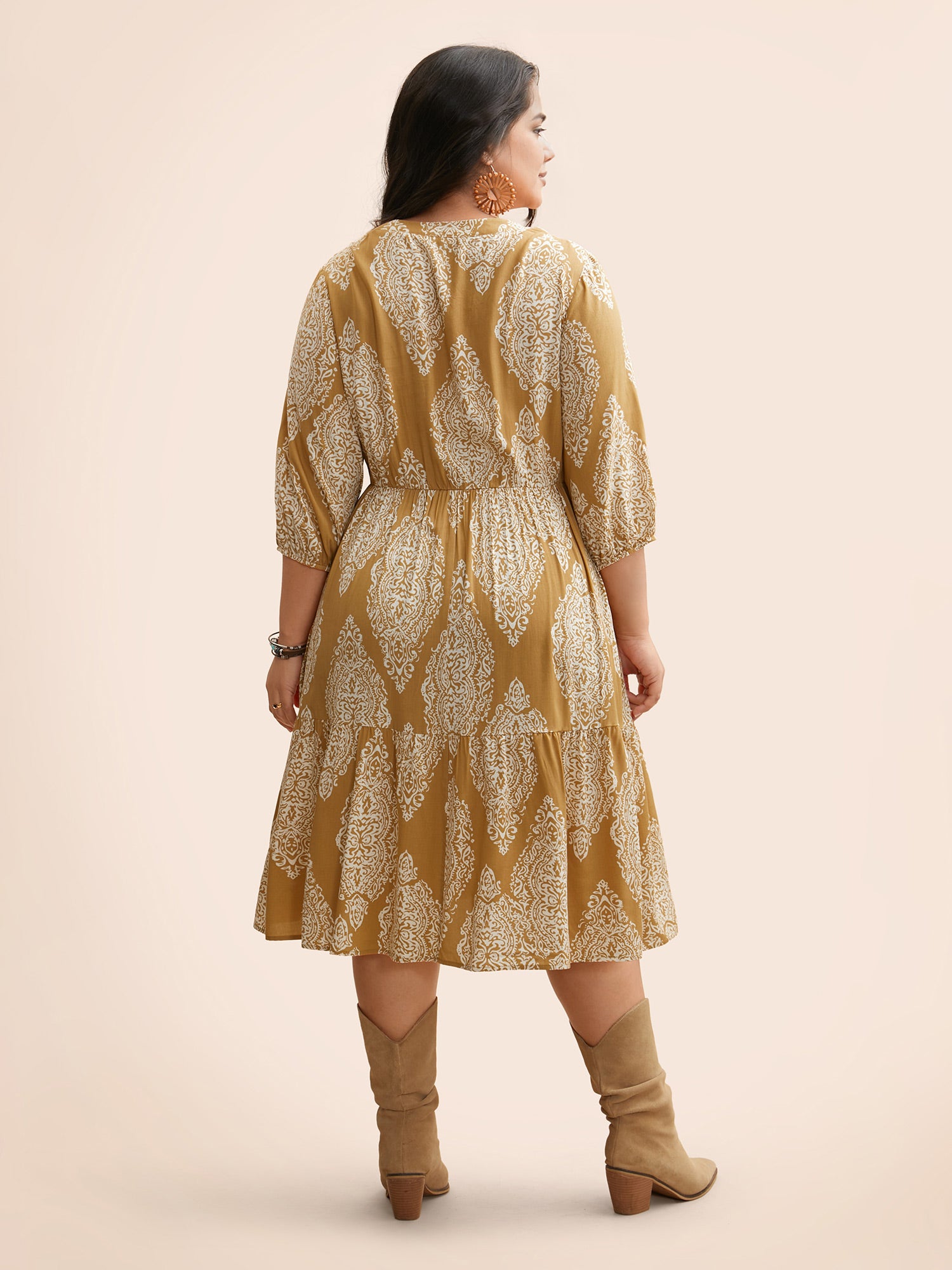 Boho Print Tie Knot Puff Sleeve Dress