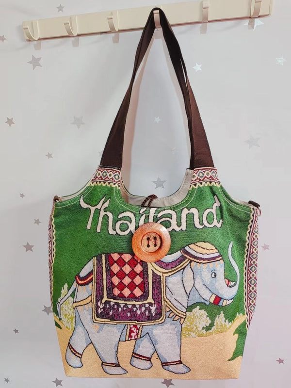 Women's Large Canvas Elephant Ethnic Style Square Zipper Shoulder Bag